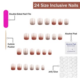 Press on Nails Short Square Fake Nails Pink Gradient Full Cover Glitter False Nails with Designs Glossy Glue on Nails Acrylic Nails Manicure Artificial Nails for Women Girls 24Pcs
