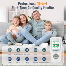 LifeBasis Air Quality Monitor Indoor, 10-in-1 Air Quality Detector with Stand, Real-Time Air Meter Test AQI, PM1.0, PM2.5, PM10, CO2, TVOC, HCHO, Particles, Temperature and Humidity with Alert -White