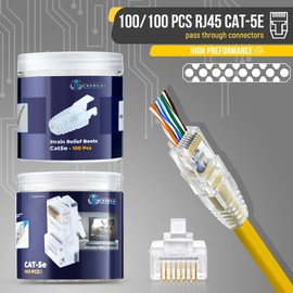 Everest Media Solutions Conectores Pass Through RJ45 Cat5e con Botas de Alivio de Tensión - Paquete de 100/100 | Modular Plug para Cable de Ethernet UTP Sólidos o Trenzados
