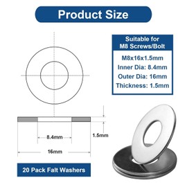 M8 Metal Washers,M8 x 15mm Flat Penny Washers (Thickness 1.5mm) Stainless Steel M8 Washers Round Flat Spacer Repair Washer For Screws Bolts (20 Pack)
