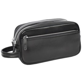Kulturbeutel aus echtem Leder, mittelgroß, Reise-Dopp Kit, Organizer, Stil Oslo, Schwarz, Schwarz , M, Leder-Dopp-Set
