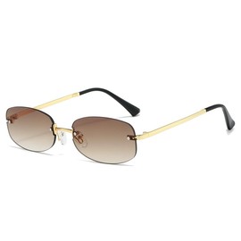 YAMEIZE Retro Oval Sunglasses for Women - Men Vintage Gold Rimless Sunglasses Small 90S Fashion Sun Glasses Metal Frame (Gold Brown)