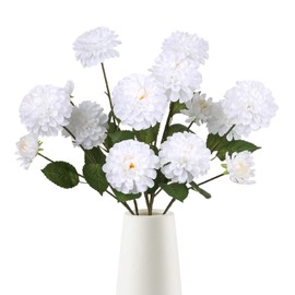 Fqueelvys 6PCS White Dahlia Artificial Flowers with 3 Heads 29in Long Stem Faux Dahlia Silk Flowers Fake Dahlia Bouquets for Wedding Home Table Centerpieces Party Decoration Floral Arrangement (White)