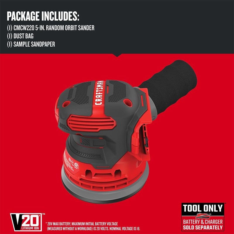 CRAFTSMAN V20 Orbital Sander, Cordless, 12,000 OPM, Bare Tool Only