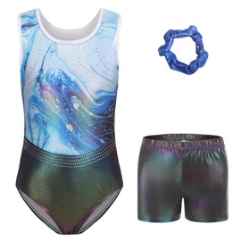 AODOKAT Gymnastics Leotards for Girls with Shorts Set, Sleeveless Dance Leotard Sparkle Ballet Dancewear for Kids 5-14 Years (Blue-sleeveless, 7-8 Years)