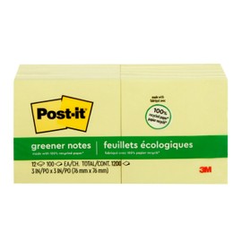 Post-it Greener Notes, 3 x 3-Inches, Canary Yellow, 12-Pads/Pack