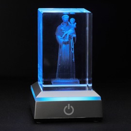 KOMI 3D Crystal Saint Anthony Figurine Statue with LED Light Base, Laser Engraved Jesus Crucifix Statues Religious Gifts for Women Men, Night Light for Bedroom, Christian Gifts