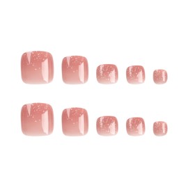 24pcs Coral Pink Ombre False Toenails Glitter Gold Stick on Toenails Press on Toe nails Removable Glue-on Toenails Full Cover Fake Toe nails Women Brides Toe nails Art Accessories