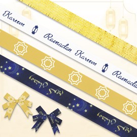 ABTOLS 4 Rolls 20 Yards Ramadan Ribbons, 3/8" Blue Gold White Grosgrain Ribbons for Wrapping Eid Mubarak Ramadan Moon Star Lantern Ribbons Metallic Glitter Ribbon for Islamic Muslim Decor