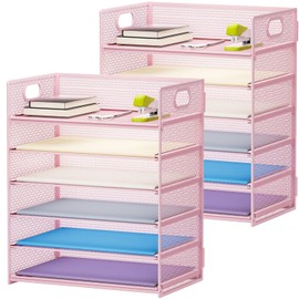 Marbrasse 2 Pack Desk Organizer with Handle, 6 Tier Paper Letter Tray, Mesh Desk File Organizer for Office, School and Home - Pink