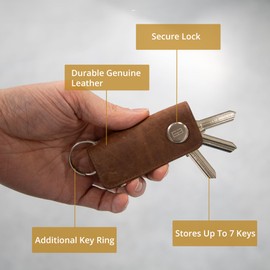 GARZINI Leather Key Organizer, Compact Key Holder with Key Chain, Pocket Car Key Holder for up to 7 Keys, Brushed Cognac