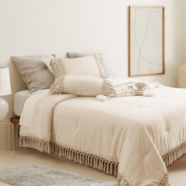 ALEISSEL Beige Comforter Set Queen Size, Ultra-Soft Boho Farmhouse Bedding Set with Tassel Edges, Down Alternative Light-Weight Comforter Set All Season (Queen, Beige)