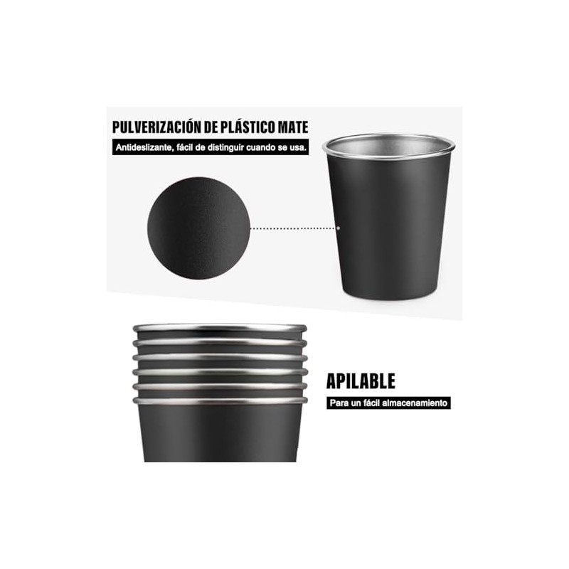 Vasos de Acero Inoxidable 500ml 6PCS, Taza Termica FríoCaliente Negro