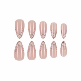 MERVF Almond Press on Nails Medium Fake Nail Pink Flower French Tip Glue ons Gold Design Stiletto Acrylic Elegance Art Manicure Glossy 24pcs