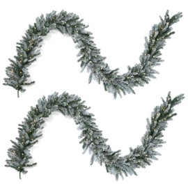 Papyrus 2 Pack of 9 ft Pre-Lit Frosted Blue Spruce Garland, Artificial, Warm White Light, Battery Powered, Indoor/Outdoor