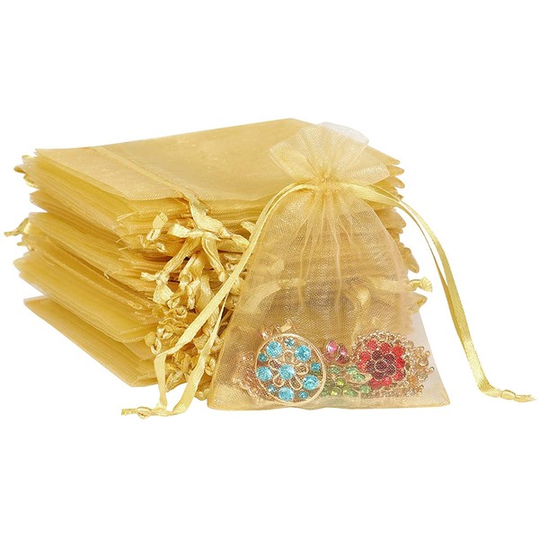 Boshen 100/200PCS Organza Gift Candy Sheer Bags Mesh Jewelry Pouches Drawstring Bulk for Wedding Party Favors Christmas 3"x4" 5"x7" (3" X 4"(100PCS), Gold)