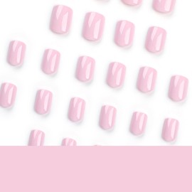 24 Pcs Pink Press on Nails Square Short Fake Nails with Nail Glue Cute False Nails with Solid Color Designs Glossy Acrylic Glue on Nails Nude Full Cover Sick on Nails for Women Girls Manicure Art