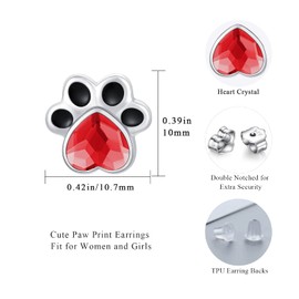 Paw Earrings 925 Sterling Silver Dog Paw Earrings Heart Cute Animal Earring Crystal Hypoallergenic Studs Jewellery Gift for Women Girls (Red)