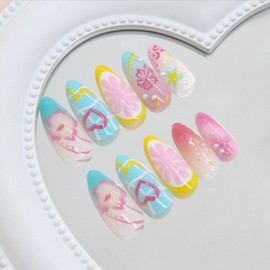 Handmade Press on Nails Almond Medium 3D Flowers Hearts Butterfly Pearls Starfish Lemon Fake Nails Press ons Acrylic Sunmer Glue on Nails for Women Girls 24 Pcs