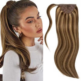 Lacer Wrap Around Ponytail Human Hair Balayage Chocolate Brown to Caramel Blonde Real Hair Short Ponytail Extensions with Magic Paste Invisible Pony Tails for Girls 14" 70g