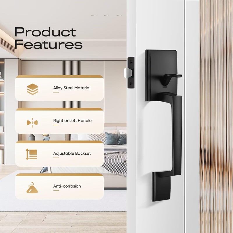 Leydebong Black Front Door Handle Set with Reversible Lever -