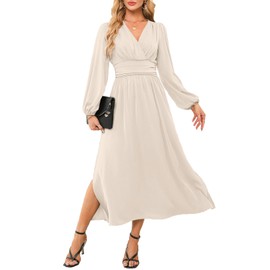 Dokotoo Wedding Guest Dresses for Women Elegant Wrap V-Neck Lantern Sleeve Ruched Empire Waist Side Split Maxi Dress Formal Dress White Small