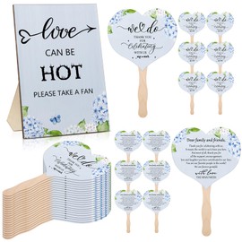 Anglechic 51 PCS Hydrangea Wedding Favors for Guest Love Is Hot Sign Greenery Wooden Wedding Table Sign Wedding Fans Handheld Paper Fans with Wood Handle Heart Shape Fans Bridal Shower Favor