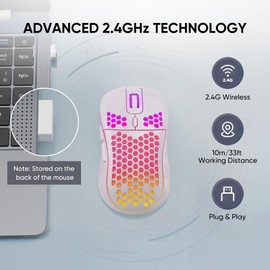 Wireless Gaming Mouse Honeycomb 2.4G USB Cordless Mouse RGB Rechargeable PC Game Mice with 7-Color LED Lights，3 Adjustable DPI for Windows Laptop Desktop Computers -White