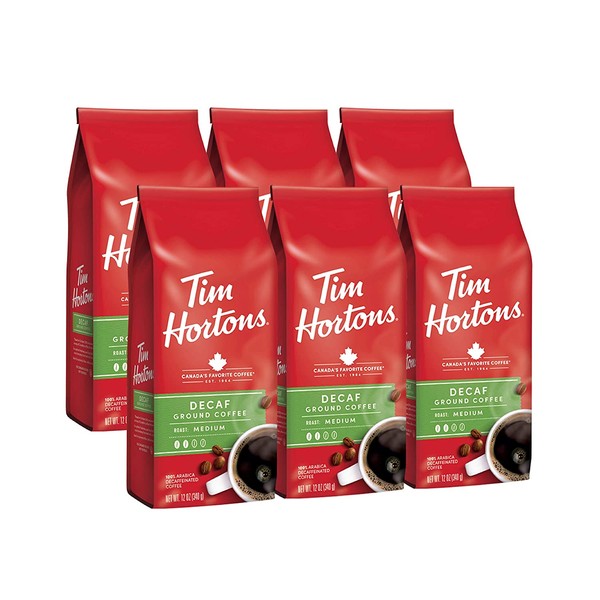 Tim Hortons Decaf Blend, Medium Roast Ground Coffee, Made with 100% Arabica Beans, 72 Ounce (6 x 12 oz Bags)