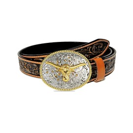 BEMYLV Brown Western Belts for Women Cowgirl Cowboy Men Longhorn Bull Rodeo Buckle Engraved Tooled Leather Belt Jeans Country Concert Outfits