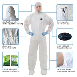Vicogard Protective Overalls Disposable Coveralls, Front Zipper Elastic Waistband & Cuffs Ankles, SMS Isolation Coverall Suit with Hood for Hospitals, Laboratories, Medical