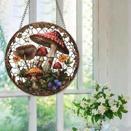 Mushroom Stained Window Hangings with Chain– Acrylic Round Ornament for Garden, Patio and Indoor Decor, Housewarming Gift for Mom, Grandma
