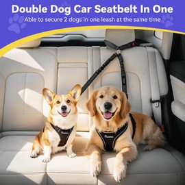 Pawaboo Dog Seat Belt for Car, Pet Car Seatbelt Headrest with Dual Leash, 360° No Tangle Dogs Cars Tethers for 2 Dogs with Shockproof Elastic Bungee, Adjustable Dog Cars Harness with Reflective Strips