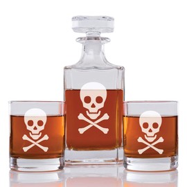 Abby Smith Skull Poison Engraved Decanter and Rock Glasses, Set of 3