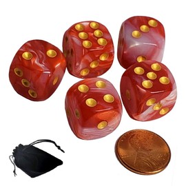 Set of (5) 16mm Dice Pearlized Round Cornered with Black Velvet Cloth Pouch Bag (Red/White)