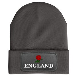 Purple Print House England Patch Beanie Hat Men Women English Rose Supporters Rugby, One Size, Graphite Grey