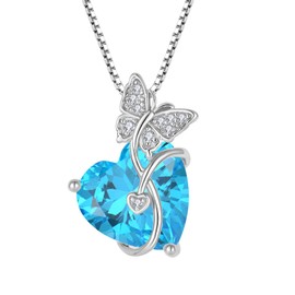 FJ Butterfly Necklace 925 Sterling Silver Love Heart Necklace Aquamarine Pendant March Birthstone Jewelry Gifts for Women