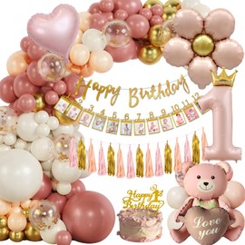 Decoration 1st Birthday Girl, Birthday Decoration 1 Year Girl, Children's Birthday Balloons 1st Birthday Retro Pink and Gold Decoration, 1 Birthday Decoration Pink, Happy Birthday Garland Month Photo