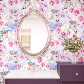 Wallderful Pink Wallpaper Peel and Stick Modern Unicorn Art Deco Wallpaper for Bedroom Cabinets Pink Floral Contact Paper Self Adhesive Waterproof Wall Paper Laminate Countertop Sheets 17.5" x 118"