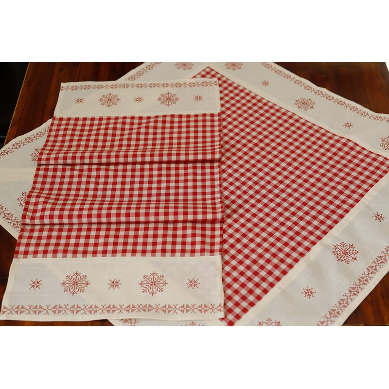 Country House Tablecloth Checked Red White Embroidered 85 x 85