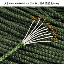Paracord 9 Cores, 0.2 inch (4 mm), Length 66.8 ft (30 m), Load Capacity 617.6 lbs (280 kg), Tent Rope, Tension Line, Parachute Cord, Outdoor Activities, Camping Cord, Tarp, Fixing, Guy Rope, DIY (Army Green)