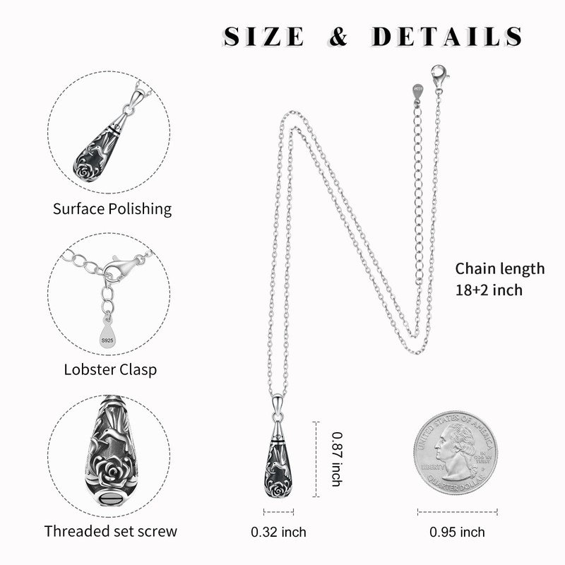 925 Sterling Silver Urn Pendant Necklace Teardrop Cremation Jewelry for