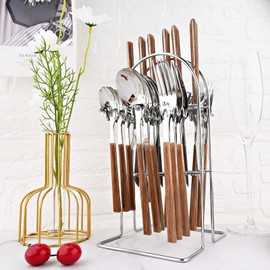 BRIIEC 24Pcs Wooden Handle Flatware Silverware Set with Stand, Stainless Steel Cutlery Set for 6, Square Handle Eating Utensils, Mirror Polished Knife Fork Set