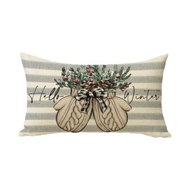 Fjfz Hello Winter Gloves Gray Lumbar Decorative Throw Pillow Cover 12 x 20, Rectangular Red Berry Gray Stripe Outdoor Home Decor, Plaid Bow Pine Cone Christmas Holiday Seasonal Farmhouse Cushion Case