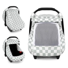 DILIMI Car Seat Covers for Babies, Muslin Cotton Baby Car Seat Cover with Breathable Mesh Window, Summer Infant Car Seat Canopy for Boys Girls Newborn, Green Checkered