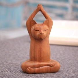NOVICA Brown Natural Grain Suar Wood Yoga Pose Meditation Sculpture, 7.5" 'Toward The Sky Brown Yoga Cat'
