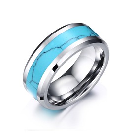 YIFSIY 8mm Turquoise Ring for Men Women 18K White Gold Plated Stainless Steel Wedding Band Comfort Fit Ring Size 10