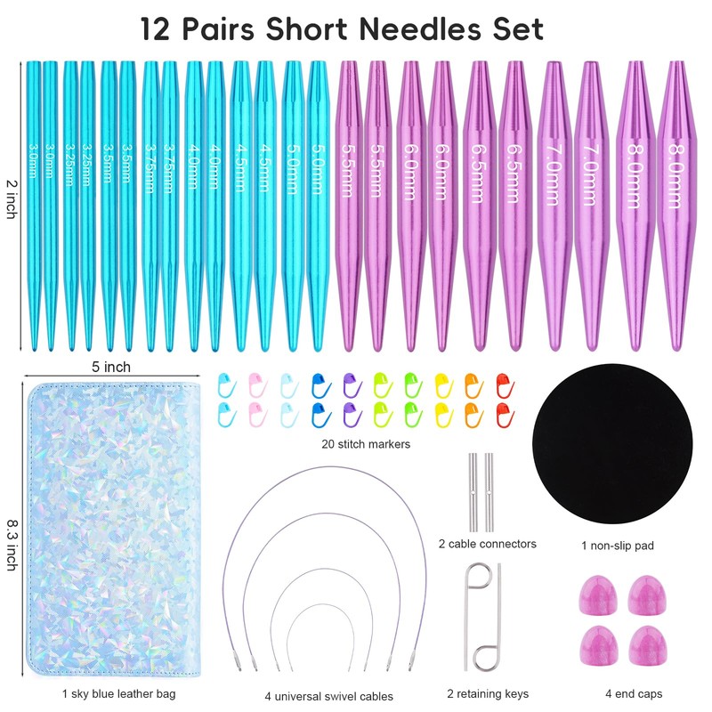 Hobekoee 2-Inch Short Interchangeable Circular Knitting Needles Set