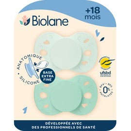 BIOLANE - Anatomically shaped teat - extra thin dummy from 18 months - two-tone green - flat and reversible nipple - optimal comfort - respect for mouth development