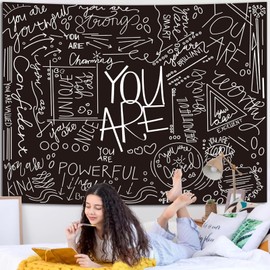 Miytal Quote You Are Inspirational Wall Tapestry, Positive Saying Wall Art Wall Hanging Black Aesthetic Tapestry for Teen Girl Bedroom Dorm 59.1 x 80 Inches - Black